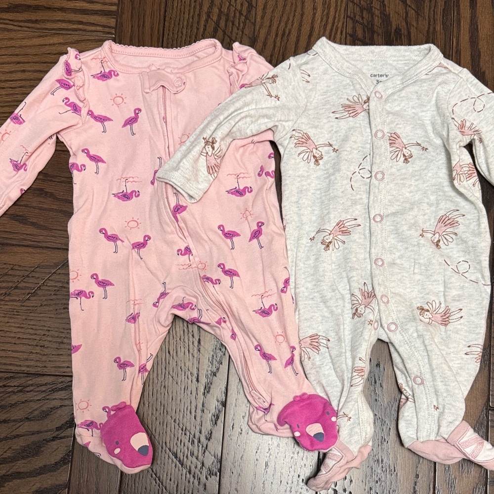 Carter's Pink Flamingo and Light Gray Bird Print Footed One-Piece Set